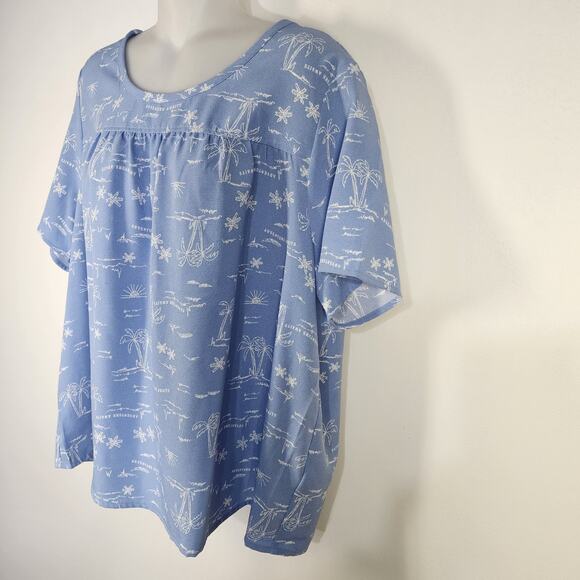 Denim & Co Womens Scenic Print Short Sleeve Crew Neck Blouse Large Blue Haze - Picture 5 of 9